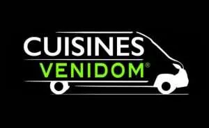 Logo de Cuisines Venidom, avec silhouette de véhicule de livraison sur fond noir.