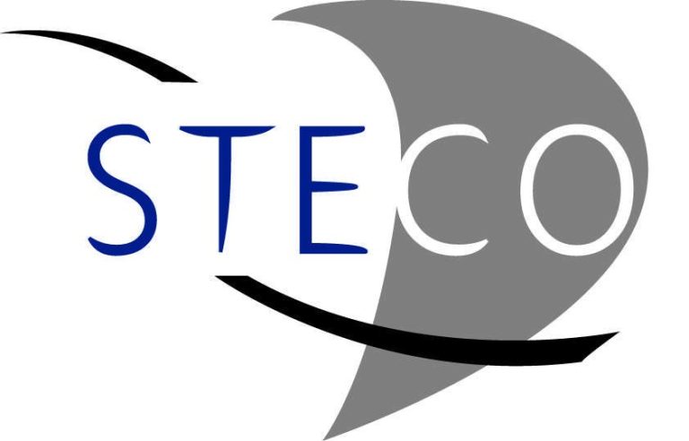 Logo de STECO, avec un design moderne et des couleurs bleu et gris.