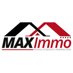 Logo de MAX Immo, incluant des maisons stylisées et le texte en noir et rouge.