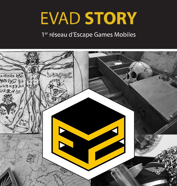 Logo d'Evad Story avec des illustrations évoquant des énigmes et des aventures.