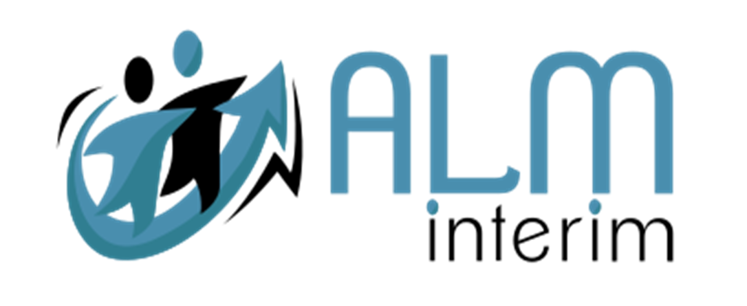 Logo d'ALM Intérim, représentant deux silhouettes humaines et une flèche.