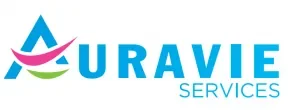 Logo d'Auravie Services avec des éléments colorés en bleu, vert et rose.