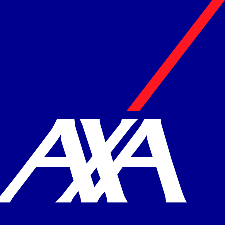 Logo d'AXA, avec le nom en lettres blanches sur fond bleu et une ligne rouge.