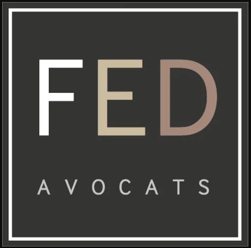 Logo de FED Avocats avec un design moderne et épuré sur fond sombre.