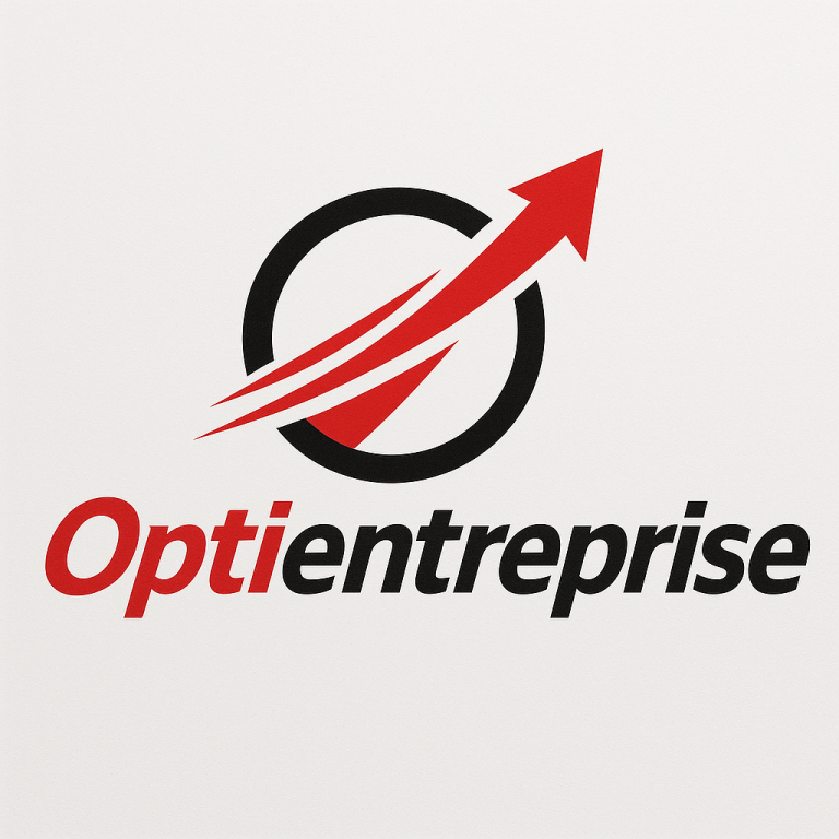 Logo d'Optientreprise avec une flèche ascendante et des éléments dynamiques en rouge et noir.