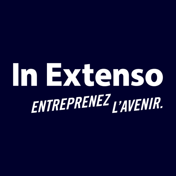 Logo de In Extenso avec le slogan "Entreprenez l'avenir" en blanc sur fond bleu.