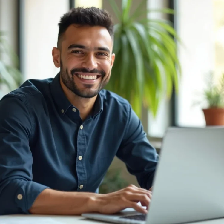 Homme souriant, travaillant sur un ordinateur portable dans un espace lumineux et végétalisé.