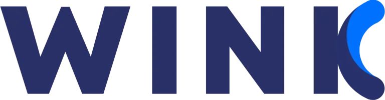 Logo de Wink, avec des lettres stylisées en bleu foncé et un élément en bleu clair.