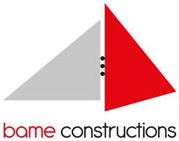 Logo de Bame Constructions avec des formes géométriques en rouge, gris et noir.